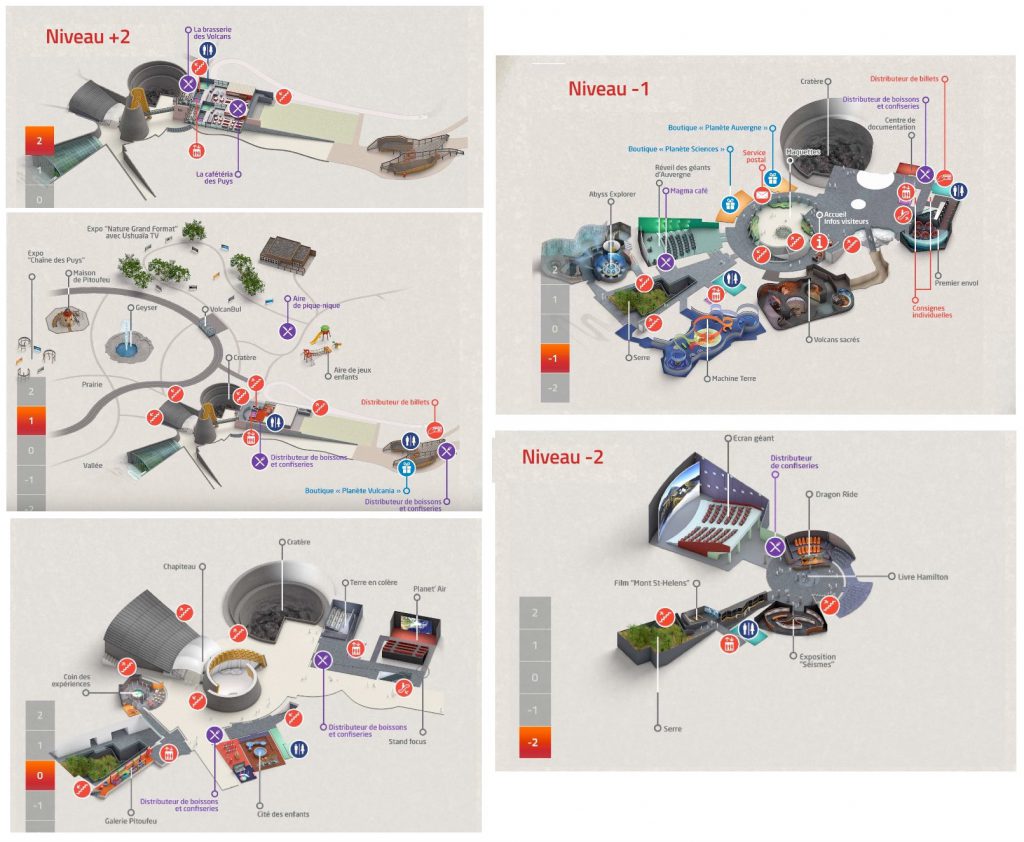 Plan parc Vulcania : etages et attractions, animations