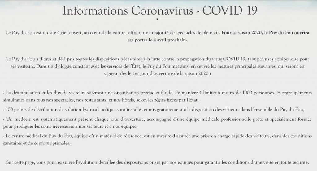 Le Puy du Fou et coronavirus : sejours, ouverture, fermeture, mesures