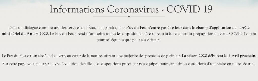 Impact coronavirus covid 19 sur ouverture et sejours spectacles du Puy du Fou