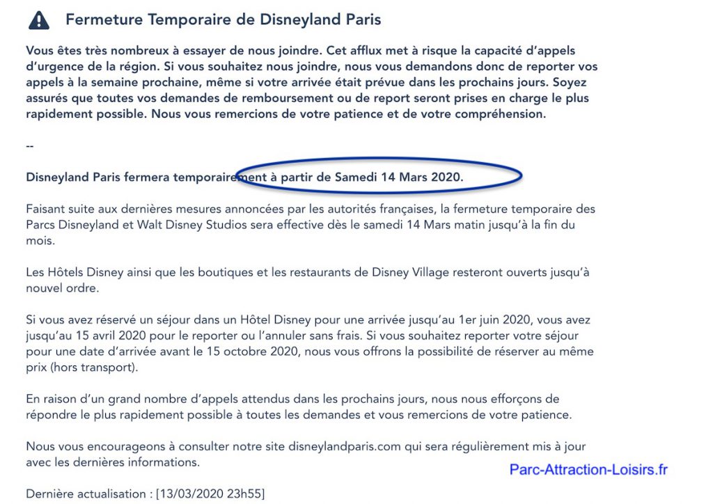 Quelle date reouverture parc euro disney land paris 