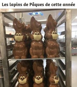 chocolats de paques lapins avec masque anti coronavirus humour blague marrante confinement