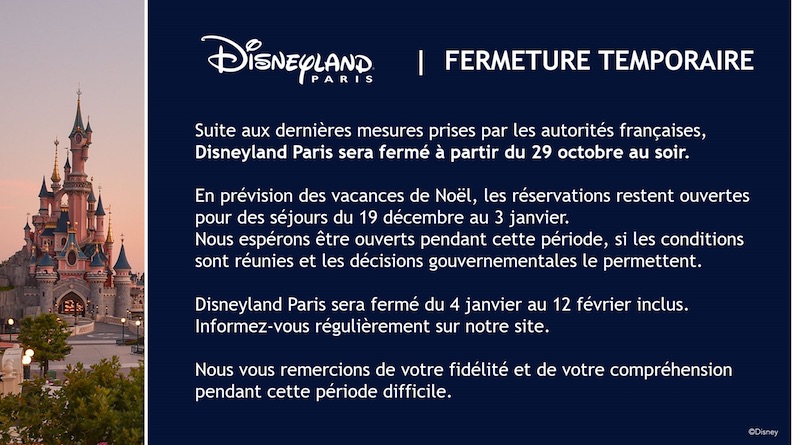 date fermeture disneyland paris 2020 reconfinement noel