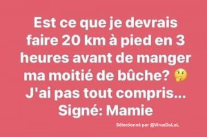 Est-ce que je devrais faire 20 km à pied en 3 heures avant de manger ma moitié de bûche ? C'est bien ça ? 