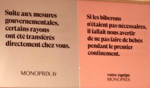 blague confinement covid humour monoprix sur produits de premiere nécessité 