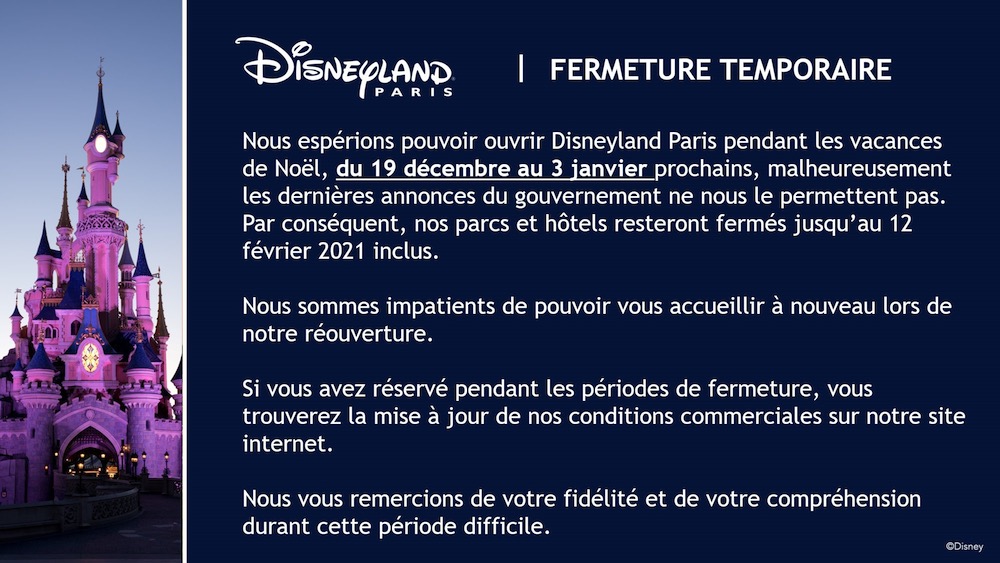 Disneyland fermé à Noël 2020 et 1er janvier, conditions de remboursements