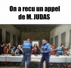 image drole couvre-feu tableau celebre la cene avec jesus et les apôtres, contrôle de gendarmerie plus de 6 à table 