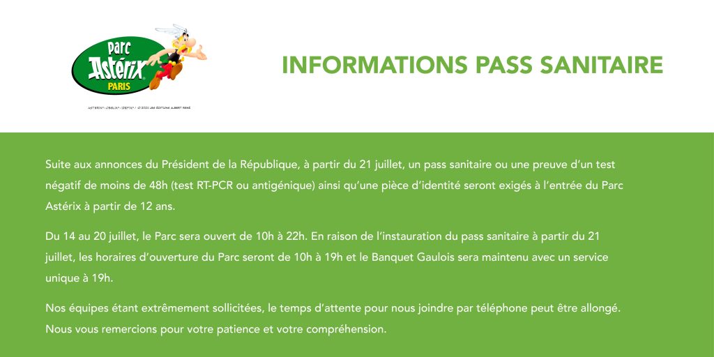 info pass sanitaire vaccin parc astérix