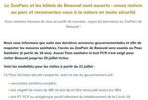 infos visite zoo beauval pass sanitaire 20 et après 21 juillet 2021