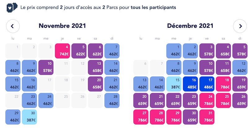 calendrier prix sejours disneyland paris famille à petits prix