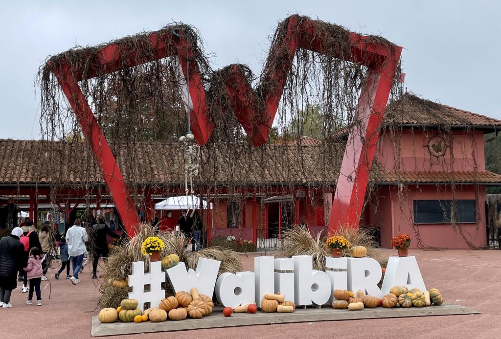 Walibi Rhône-alpes : entrée du parc avec décorations d'Halloween 