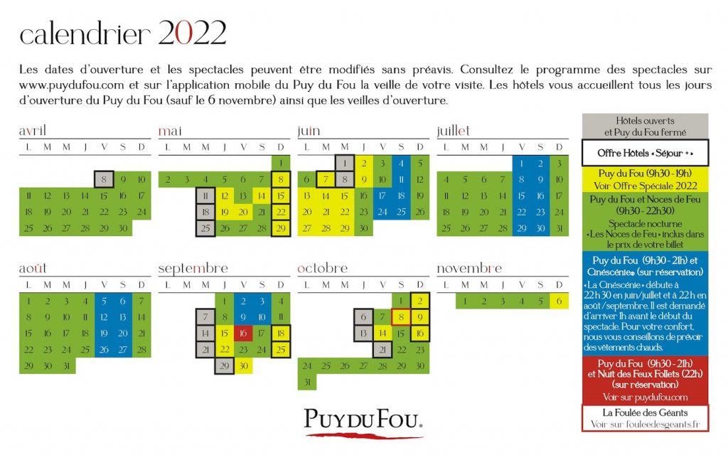 calendrier ouverture puy du fou 2022