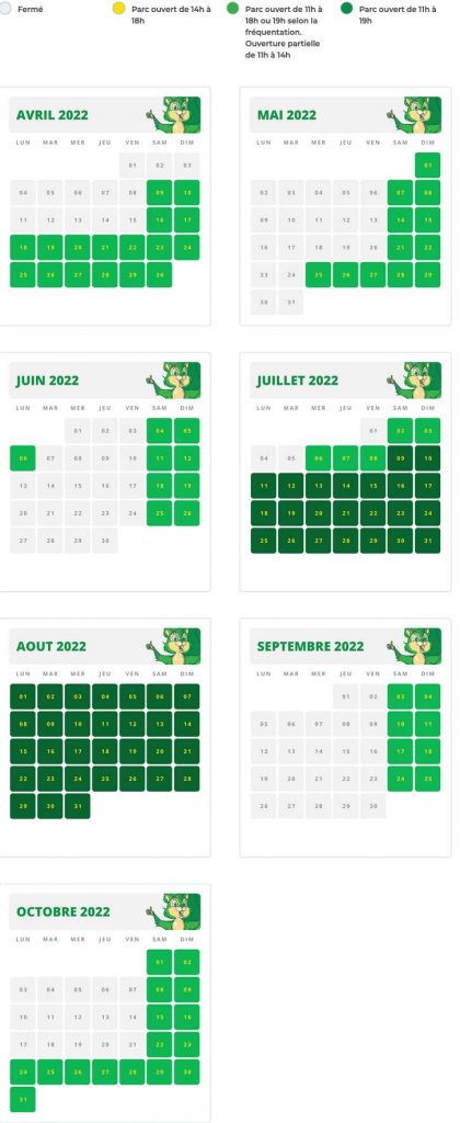 calendrier et dates d'ouverture, horaire du Parc des Combes