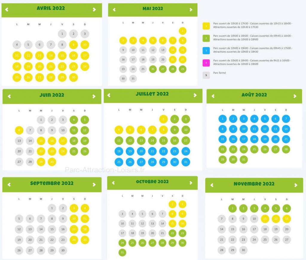 Calendrier ouvertur eNigloland 2022 : jour et horaire ou le parc est ouvert / fermé