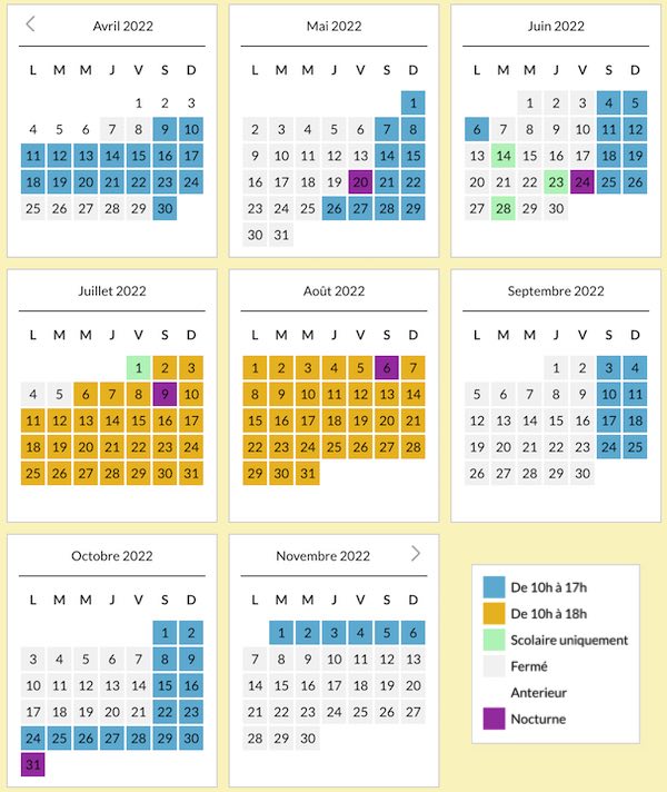 calendrier des jours d'ouverture et horaires du parc du petit prince 2022