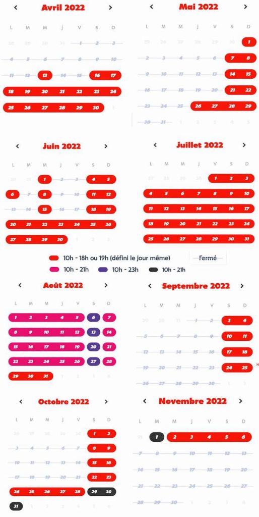 calendrier jour ouverture et horaire Walibi Rhone-Alpes 2022