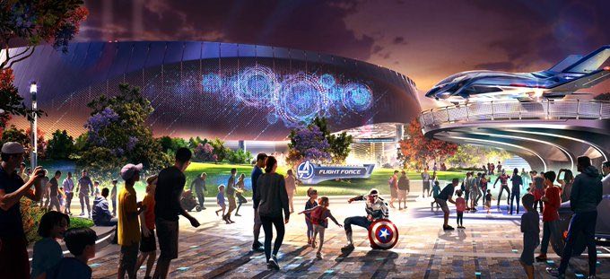 friday IA projette nom des visiteurs a l'arrivée au marvel Avengers Campus