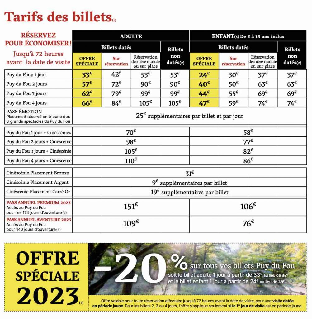 tarif promo réduction puy du fou 2023