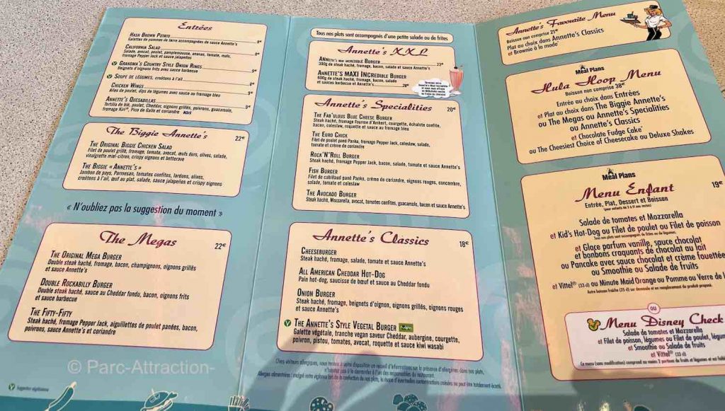 menu prix et tarif restaurant annette's diner au Disney Village