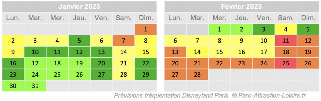 prévision fréquentation et affluence disneyland Paris janvier 2023 et février 2023