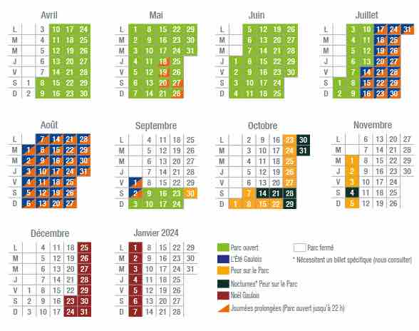 Calendrier Parc Astérix 2023