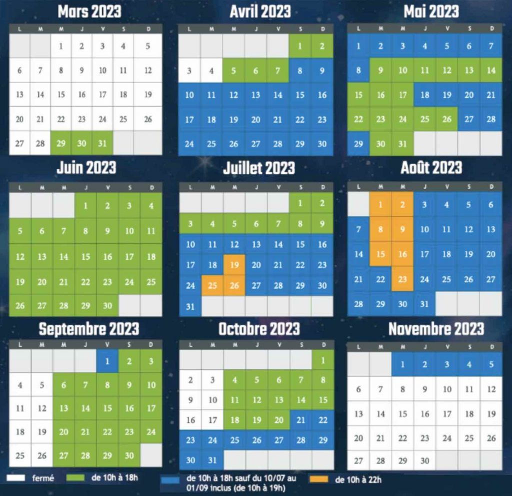 calendrier des jours d'ouvertures de Vulcania en 2023, avec les horaires