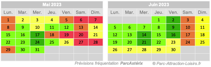 Calendrier prévision monde au Parc Asterix mai 2023 et juin 2023