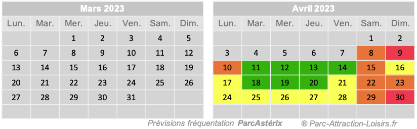 calendrier meilleurs jours de visite Parc Astérix en avril 2023