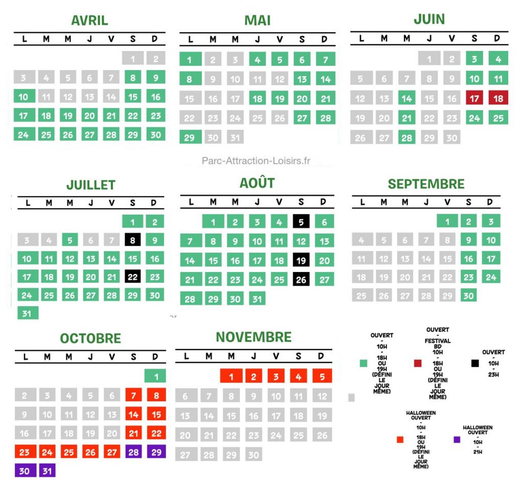 Date jours d'ouverture du parc Spirou, calendrier et horaires 2023