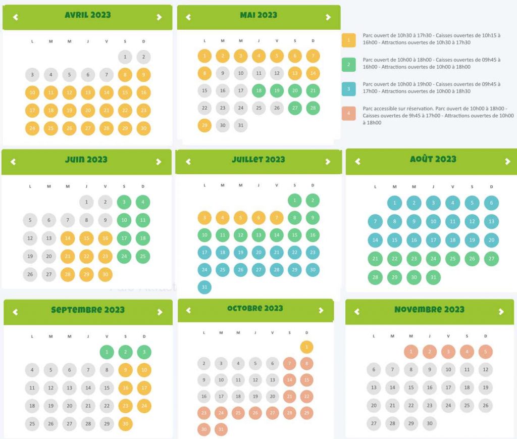 Calendrier jour d'ouverture Nigloland 2023 avec horaires du jour