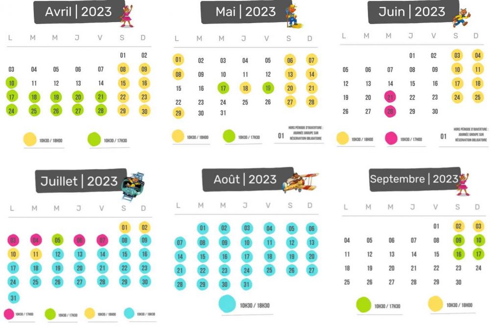 calendrier date et horaire d'ouverture parc Ange Michel 2023