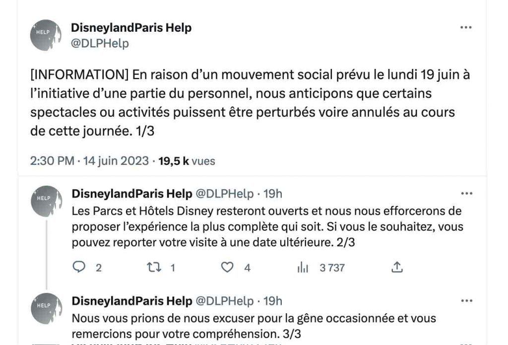 info disneyland paris sur la prochaine grève du lundi 19 juin 2023