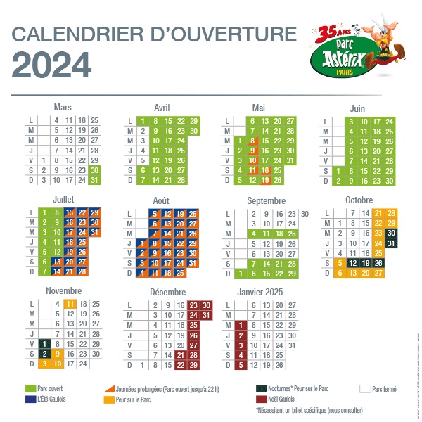 calendrier d'ouverture du parc astérix 2024 : dates et horaires d'ouverture/fermeture jour par jour