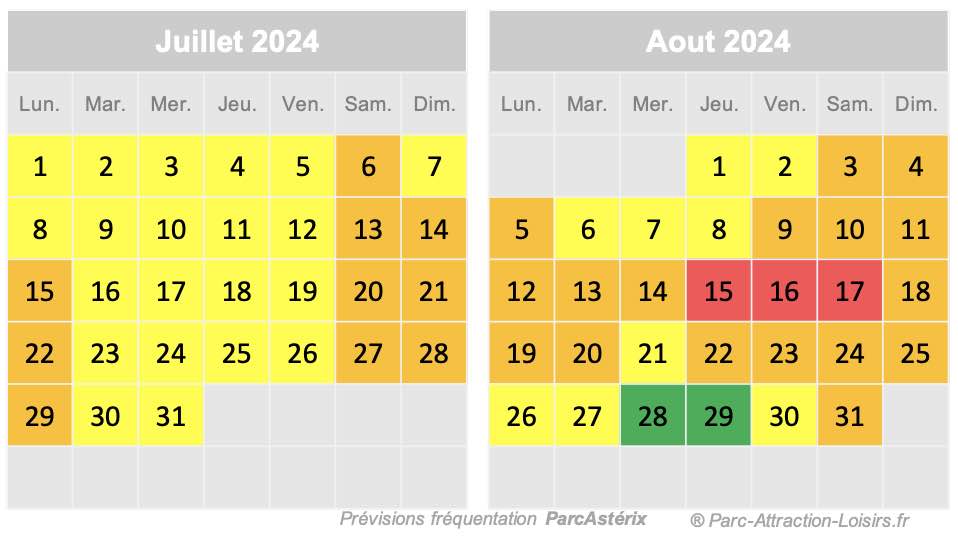 calendrier prévision d'affluence parc astérix juillet et aout 2024