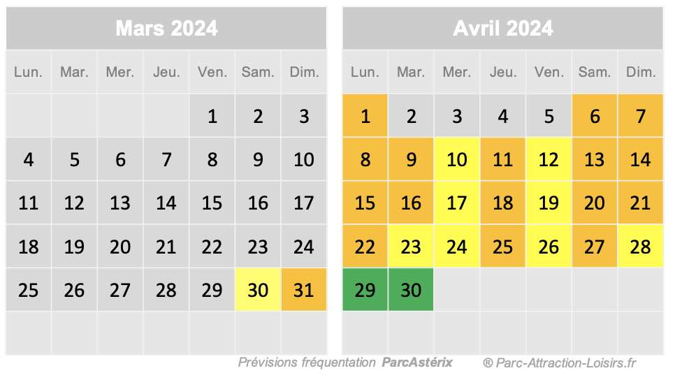prévision affluence parc astérix mars 2024 et avril 2024 - vacances et week-end long