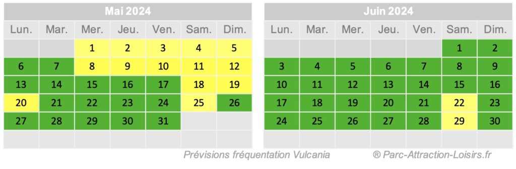 Calendrier affluence Vulcania mai 2024 et juin 2024 