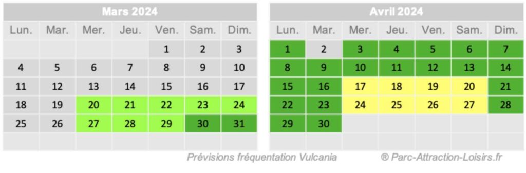 affluence vulcania mars-avril 2024 : calendrier des jours de fréquentation