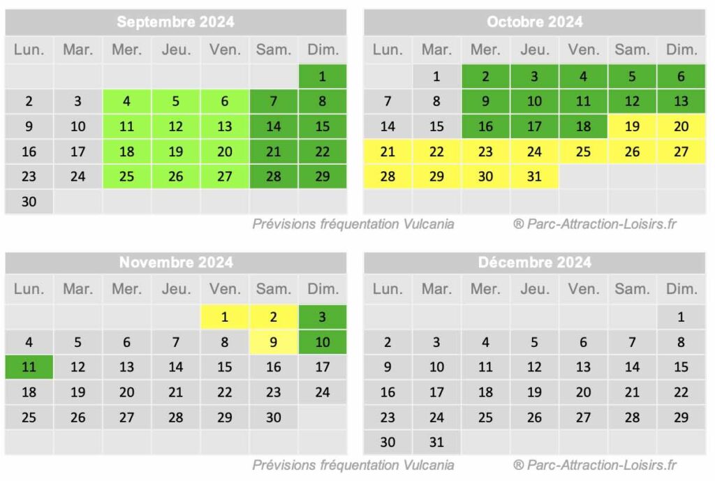 Affluence Vulcania septembre 2024 octobre 2024 novembre 2024 - calendrier de fréquentation automne