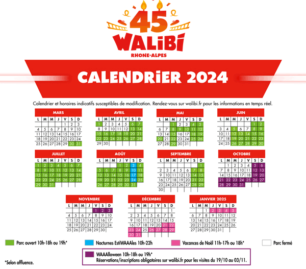 date et jour d'ouverture parc walibi Rhône-Alpes : horaire du jour
