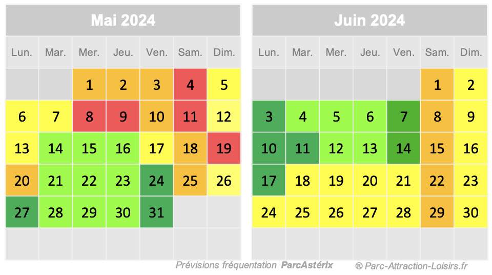 Calendrier fréquentation et affluence parc astérix mai 2024 et juin 2024