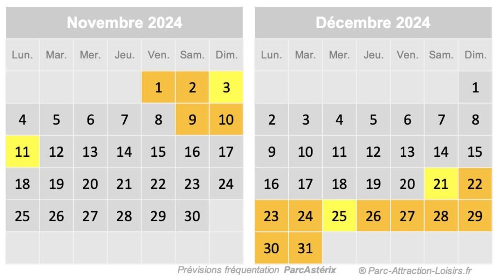 affluence Parc Astérix noel 2024 jour par jour : calendrier novembre et décembre 2024