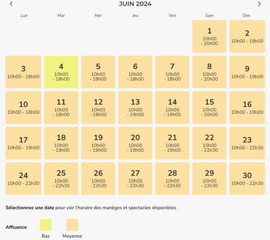 calendrier d'affluence prévue au parc PortAventura juin 2024 
