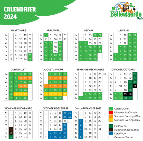Calendrier d'ouverture Bellewaerde 2024 avec jour et horaire fréquerntation et affluence