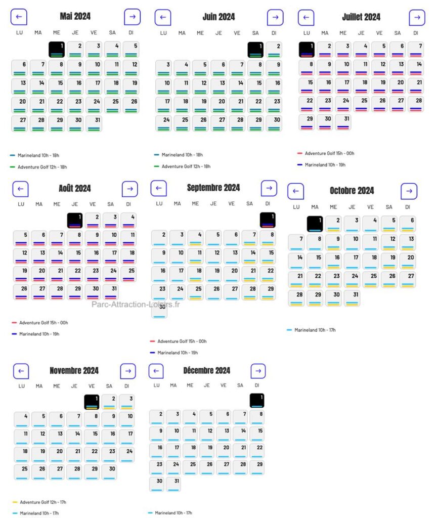 calendrier date d'ouverture et horaire Marineland 2024 - Affluence parc marin