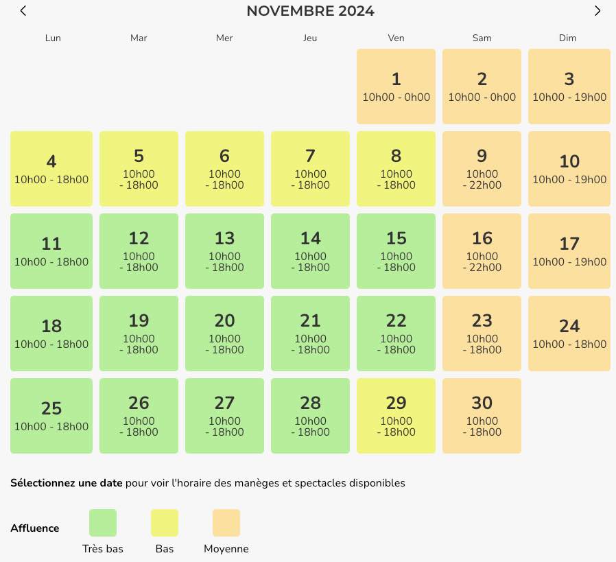liste des jours d'affluence prévus pour novembre 2024 à PortAventura