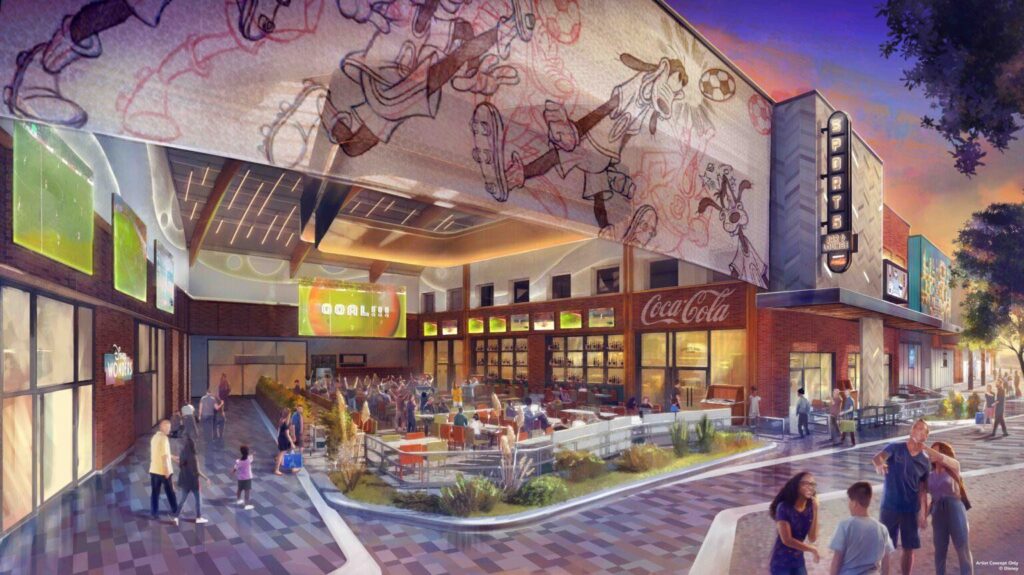 nouveau sports bar disney village 2025 : terrasse extérieure