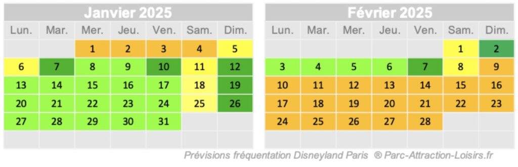 calendrier d'affluence disney janvier 2025 et février 2025 - prévisions