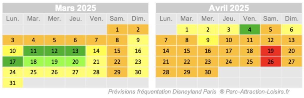 calendrier jour avec affluence à Disneyland Paris au mois de mars 2025 et fréquentation prévue en avril 2025