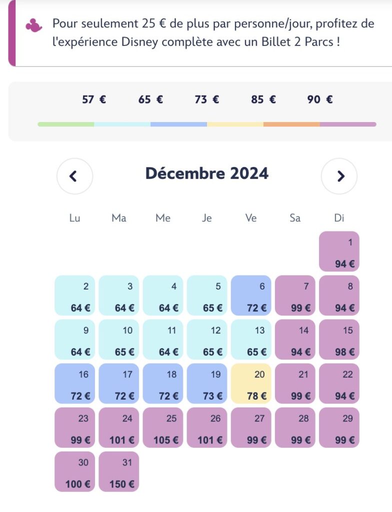 tarif billet disneyland paris décembre noel 2024