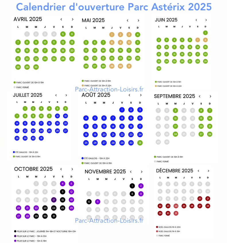 Calendrier d'Ouverture Parc Astérix 2025 avec horaires