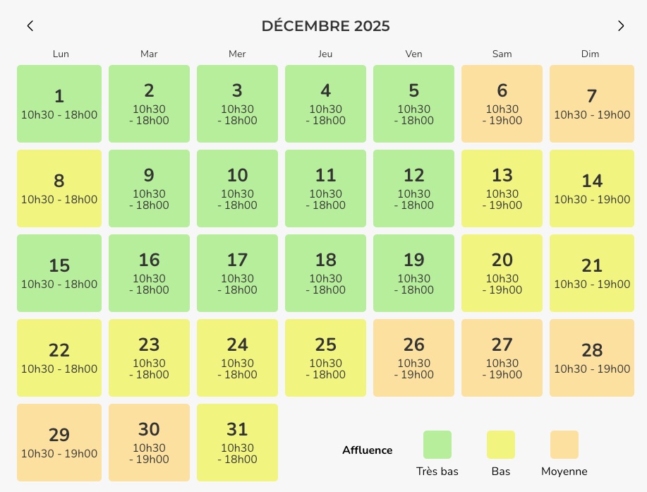  calendrier prevision d'affluence parc port aventura décembre 2025